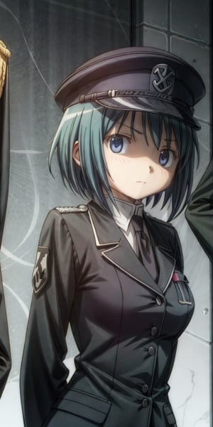 gray background, simple background, side wiew shot, 1girl, solo, Miki Sayaka, short_hair, blue_eyes, blue_hair, face close-up, face focus, glowing eyes, looking at viewer, shaded face, shaded eyes, Expressionless, (arms behind back), Waffen SS, Wehrmacht, black Nazi Uniform, black jacket, long sleeves, general cap, black necktie, incredibly absurdres, best quality, (THE NEW ORDER: LAST DAYS OF EUROPE),