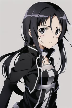 ((simple background, sword art online official art, portrait)), (masterpiece, super fine illustration), (1girl, medium breasts, kirito like, solo, black eyes, black hair, long hair, black jacket, black pants), 