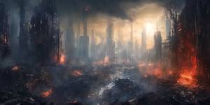 ((cyberpunk city, sci-fi city, skyscraper)), (((ruined city, Burning City))), ((world war, fire, dark sky)), (((impact, explosions))), 

Die Welt das Schwert des Jungen zerbrochen hat 
Wird die Spitze des Wolkenkratzers erreichen 
Und auf den Turmbau zu Babel lachend hinunterblicken 
Hass und Zorn sind eine zweischneidige Klinge 
Die Geschichte wiederholt sich 

Let the earth be full of life and let it multiply 
And released the birds of steel into the sky 
Freedom has become the bow and arrow of the red lotus 
And it will repeat itself over and over again. 

I can't throw away the stone that I'm throwing back 
The gingerly mankind looked up at the sky 
A bow and arrow of the underworld similar to a meteor
History repeats itself. 
And we become nothing again.