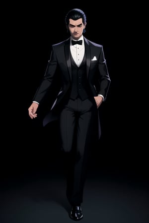 centered, digital art, full body portrait, focused face, | black hair, male, man, tuxedo suit, yakuza, | black background, simple background, | depth of field, bokeh, | smooth detailed shadows, hyperealistic shadows, (saturated colors:1.2) |