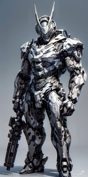 cute cyborg, 20-ish, half man, half robot, cybernetics, artifical intelligence, facial chin implant, chin guard, illuminated cranial implant, looking at us, full body standing alert, on white background, highly detailed, cinemtatic lighting and shadows, full frontal pose, mecha humanoid