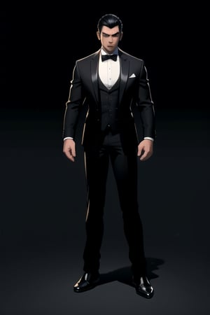 centered, digital art, full body 3/4 profile pose, legs apart, arms outstretched, focused face, looking directly at us| black hair, handsome male, man, black shirt black tie black suit, yakuza, secret agent, spy | black background, simple background, | depth of field, bokeh, | smooth detailed shadows, hyperealistic shadows, (saturated colors:1.2) |