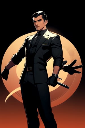 centered, digital art, 1940's retro sci-fi style painting depicting a beautiful human man, | full body 3/4 profile pose, legs apart, arms outstretched, focused face, looking directly at us| black hair, handsome male, man, black shirt black tie black suit, yakuza, secret agent, spy | black background, simple background, | depth of field, bokeh, | smooth detailed shadows, hyperealistic shadows, (saturated colors:1.2) |