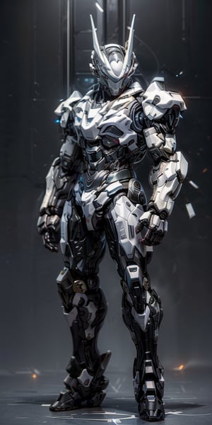 cute cyborg, 20-ish, half man, half robot, cybernetics, artifical intelligence, facial chin implant, chin guard, illuminated cranial implant, looking at us, full body standing alert, on white background, highly detailed, cinemtatic lighting and shadows, full frontal pose, mecha humanoid