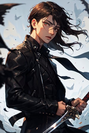 masterpiece, half body shot of a man wearing a black leather jacket holding a sword, good art, male, 1boy, black_hair, short-hair, bangs, red_eyes, crimson eyes, realistic eyes, realistic pupils, full eyes, sharp pupils, sharp details, good art, realistic eyes, dark, Dark fantasy, medieval fantasy,zhongfenghua,SAM YANG