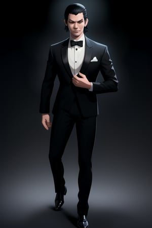 centered, digital art, full body portrait, focused face, | black hair, male, man, tuxedo suit, yakuza, | black background, simple background, | depth of field, bokeh, | smooth detailed shadows, hyperealistic shadows, (saturated colors:1.2) |