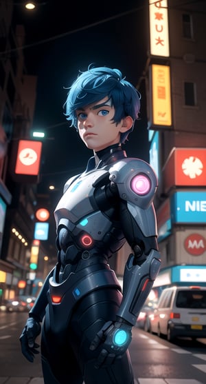 centered, digital art, 3d, 3d model, render, | (looking at viewer:1.2), solo, boy, blue eyes, blue hair, cyborg armor, | futuristic city, neon lights, urban scenery, | bokeh, depth of field, blurred background,