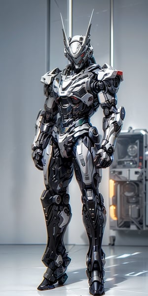 cute cyborg, 20-ish, half man, half robot, cybernetics, artifical intelligence, facial chin implant, chin guard, illuminated cranial implant, looking at us, full body standing alert, on white background, highly detailed, cinemtatic lighting and shadows, full frontal pose, mecha humanoid