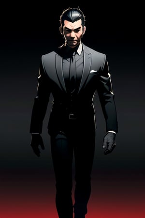 centered, digital art, full body portrait, focused face, | black hair, handsome male, man, black shirt black tie black suit, yakuza, secret agent, spy | black background, simple background, | depth of field, bokeh, | smooth detailed shadows, hyperealistic shadows, (saturated colors:1.2) |