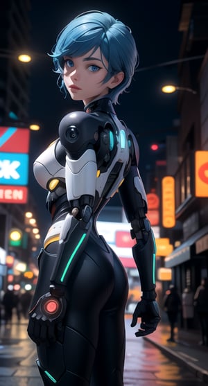 centered, digital art, 3d, 3d model, render, | (looking at viewer:1.2), solo, boy, blue eyes, blue hair, cyborg armor, | futuristic city, neon lights, urban scenery, | bokeh, depth of field, blurred background,