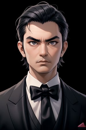 centered, digital art, face portrait, focused face, | black hair, male, man, tuxedo suit, yakuza, | black background, simple background, | depth of field, bokeh, | smooth detailed shadows, hyperealistic shadows, (saturated colors:1.2) |