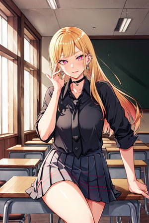 Location: detailed background, BREAK indoors, classroom,

clothing: school_uniform, shirt, black pleated_skirt, black choker, ear piercing, earrings, BREAK black necktie, long sleeves, sleeves rolled up, 

hair & face: bangs, blonde hair with black streaks, pink ruby eyes, long hair, slit pupils, perfect eyes, (beautiful_face:1.5), Beautiful Nose

role lock: 1 girl,Solo, Manga,mature female, Beautiful character design, lustrous skin,

expression: (innocent_big_eyes:1.0),

quality: official art, extremely detailed CG unity 8k wallpaper, perfect lighting, Colorful, Bright_Front_face_Lighting, 
(masterpiece:1.0),(best_quality:1.0), ultra high res,4K,ultra-detailed, 
photography, 8K, HDR, highres, absurdres :1.2 , Kodak portra 400, film grain, blurry background, bokeh:1.2, lens flare, (vibrant_color:1.2) , 

body: (Beautiful,medium_Breasts:1.4), (beautiful_face:1.5),(narrow_waist), Beautiful long legs, Beautiful Finger,

others: whisker markings,

character: MARIN KITAGAWA,takeda hiromitsu style,MARIN KITAGAWA,allblacksuit