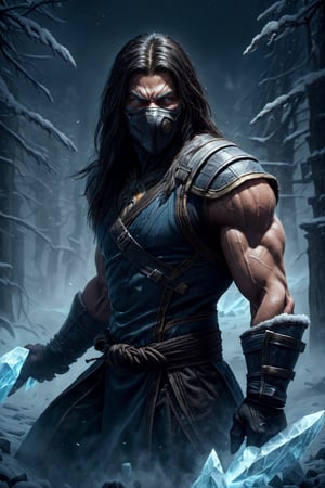 Photographic realistic masterpiece HDR high quality image, perfect high detailed image, 
draw 1 man from mortal kombat. He possesses a ice magic and realeases frost aura in a dark fantasy world." 
young man, long hair, muscular,