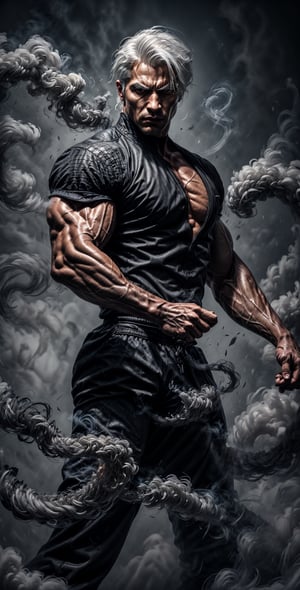 Photographic realistic masterpiece HDR high quality image, perfect high detailed image, 
draw Smoke from mortal kombat, radiating an grey fog. He possesses a dominating presence, with his black clothes and white hair in dark fantasy world." 
young man, short hair, muscular,