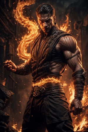 Photographic realistic masterpiece HDR high quality image, perfect high detailed image, 
draw 1 man from mortal kombat. He possesses a dominating presence in a dark fantasy world." 
young man, muscular,pyromancer, engulfed in flames, firepunch, 