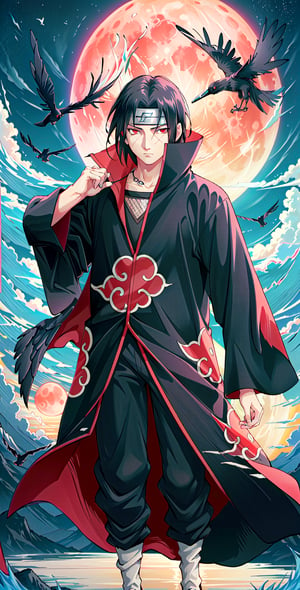 "Craft an intricately detailed image featuring Itachi Uchiha exuding an air of coolness. His Sharingan eyes should radiate a captivating intensity, while he stands adorned in an Aakash Institute uniform. Include a crow in mid-flight beside him, adding an element of symbolism. Itachi's expression should convey a sense of seriousness and wisdom, capturing the essence of his complex character.",akatsuki outfit, night, red_eyes, lite red moon, 
