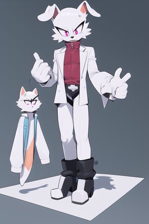 male, white fur, rabbit, tall, thin, wearing a white lab coat and red turtleneck with tall boots, long drooping ears, pink eyes, no pants and a fluffy tail