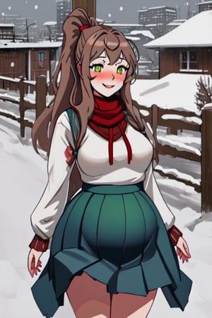 monikaddlc, 1 girl, hot, sexy, green eyes, winter clothes, long hair, solo, brown hair, city, smile, ponytail, blue skirt, looking at the viewer, red ribbon, inside, blush, very long hair, black thighs, pleated skirt, buildings, snow, hair ribbon, walking, showing breasts, taking off shirt,,pregnant