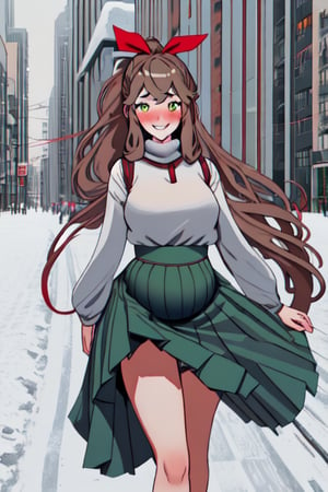 monikaddlc, 1 girl, hot, sexy, green eyes, winter clothes, long hair, solo, brown hair, city, smile, ponytail, blue skirt, looking at the viewer, red ribbon, inside, blush, very long hair, black thighs, pleated skirt, buildings, snow, hair ribbon, walking, showing breasts, taking off shirt,,pregnant