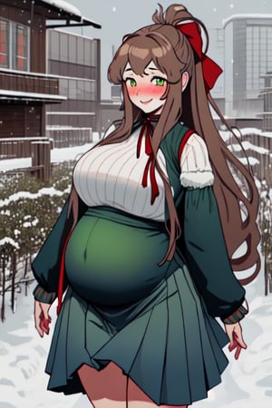 monikaddlc, 1 girl, hot, sexy, green eyes, winter clothes, long hair, solo, brown hair, city, smile, ponytail, blue skirt, looking at the viewer, red ribbon, inside, blush, very long hair, black thighs, pleated skirt, buildings, snow, hair ribbon, walking, showing breasts, taking off shirt,,pregnant