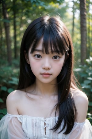 主：(Deep in the woods),(((face photo))),
人：1litte 1kid 7yo gril (Child:1.2), Korean beauty,
優：With a very high artistic composition style,Film photo texture,
體：[[breast:1.3]],
髮：(long hair),(((bangs))), 
服：Off-the-shoulder,(Open collar tulle shirt),