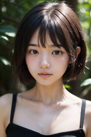 (((deep in the woods))),((looks at viewer)),(focus on the face),(((Only the face enters the shot))),
人物：a Japan girl,Pure and lovely Japan girl,
頭髮：(((very short super short hair: 1.5))),bangs,
(sleeveless spaghetti straps),