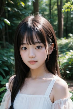 主：(Deep in the woods),(((face photo))),
人：1litte 1kid 7yo gril (Child:1.2), Korean beauty,
優：With a very high artistic composition style,Film photo texture,
體：[[breast:1.3]],
髮：(long hair),(((bangs))), 
服：Off-the-shoulder,(Open collar tulle shirt),