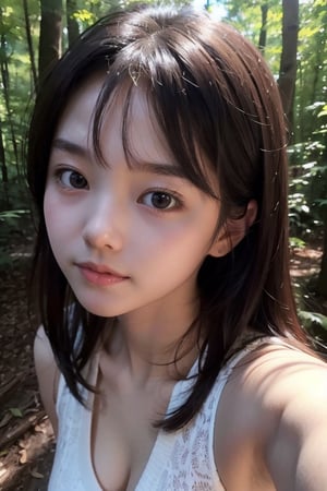 (((deep in the woods))),((looks at viewer)),(focus on the face),(First-person perspective),(close to the camera, close to the audience),
人：a korean girl,Pure and lovely korean girl,(Korean actress Lim Yoona),
優：(((16K texture structure))),
特：(low cut),cleavage,
頭：(bangs),