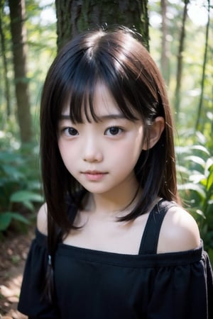 主：(Deep in the woods),(((face photo))),
人：1litte 1kid 7yo gril (Child:1.2), Korean beauty,
優：With a very high artistic composition style,photo texture,
體：[[breast:1.3]],
髮：(long hair),(((bangs))), 
服：Off-the-shoulder,Open collar tulle shirt,