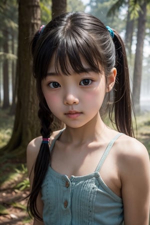 主：(((foggy forest))),(looking at the audience),(((Only the face enters the camera))), (Focus on the face),
人：1 korean young girl,(young girl of elementary school age),Pure and restrained young girl,A young girl of primary school age,(a very beautiful and innocent young girl),(10 years old),
優：High resolution, realistic and delicate high texture,Warm and realistic delicate texture,
體：The body of a reasonable young girl,(child's body:1.3), 
髮：(bangs), long hair,(double ponytails),
服：Sleeveless spaghetti straps,