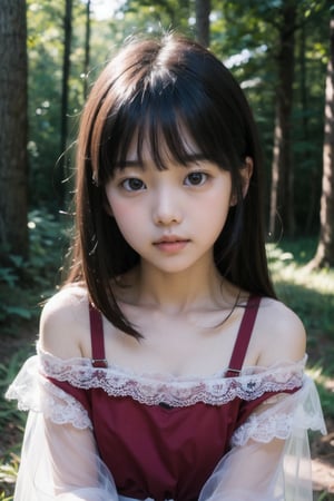 主：(Deep in the woods),(((face photo))),
人：1litte 1kid 7yo gril (Child:1.2), Korean beauty,
優：With a very high artistic composition style,Film photo texture,
體：[[breast:1.3]],
髮：(long hair),(((bangs))), 
服：Off-the-shoulder,(Open collar tulle shirt),