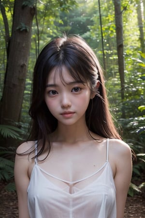 (((deep in the woods))),(looking at the audience),(focus on the face),(close to the camera, close to the audience),
人：a korean girl,(Korean actress Lim Yoona),
優：(((16K texture structure))),(beautiful body proportions),
頭：(bangs),
服：(((Spaghetti strap sleeveless sheer shirt))),(((completely sheer spaghetti strap shirt))),