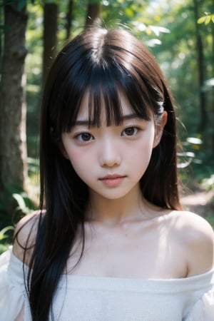 主：(Deep in the woods),(((face photo))),
人：1litte 1kid 7yo gril (Child:1.2), Korean beauty,
優：With a very high artistic composition style,Film photo texture,
體：[[breast:1.3]],
髮：(long hair),(((bangs))), 
服：Off-the-shoulder,(Open collar tulle shirt),