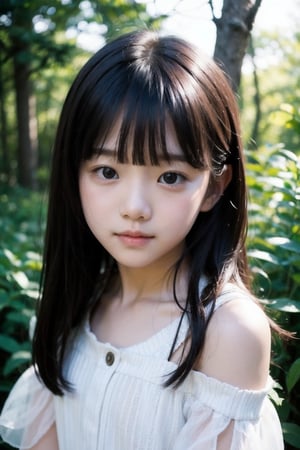 主：(Deep in the woods),(((face photo))),
人：1litte 1kid 7yo gril (Child:1.2), Korean beauty,
優：With a very high artistic composition style,Film photo texture,
體：[[breast:1.3]],
髮：(long hair),(((bangs))), 
服：Off-the-shoulder,(Open collar tulle shirt),