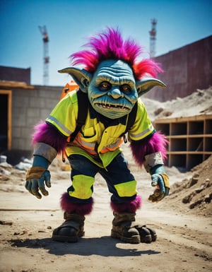 troll, android, construction worker, construction site on the background (((full body:1.65))) raw, emotional, dynamic, distortion for emotional effect, vibrant, use of unusual colors, cute cinematography, fluffy creature, spirit animal detailed skin, closeup portrait hdr horror otherworldly