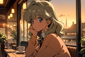 (1980s anime:1.2), (1girl, solo, beautiful face), masterpiece, cafe, evening