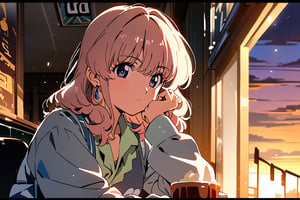 high quality, masterpiece, 8K UHD,  (1980s anime:1.2), 1girl, solo, beautiful face, cafe, evening, vivid lighting