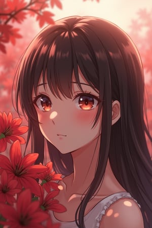 In a serene atmosphere, a stunning anime girl with a captivating face gazes softly into the distance, her eyes fixed on something beyond the frame. Her features are rendered in high definition, with subtle shading and gentle curves defining her visage. The color palette is muted, with soft red and white hues dominating the scene. A bouquet of delicate red flowers blooms behind her, their petals gently swaying in an unseen breeze. The overall composition exudes a sense of quiet contemplation, as if she's lost in thought amidst the crimson hued backdrop.