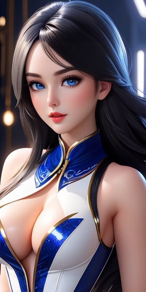 ((masterpiece)), ((best quality)), 8k, high detailed, ultra-detailed, unreal engine, Black and bright flowing long hair, deep blue and galaxy-like eyes, a straight and beautiful nose, charming and sexy lips, a flawless face like a goddess, well-proportioned and slender white legs, a solemn, elegant and sacred temperament, outstanding (White (((latex mini vest))), (trimmed with flame pattern gold trim), (((Big Breasts:1.4))),3d toon style