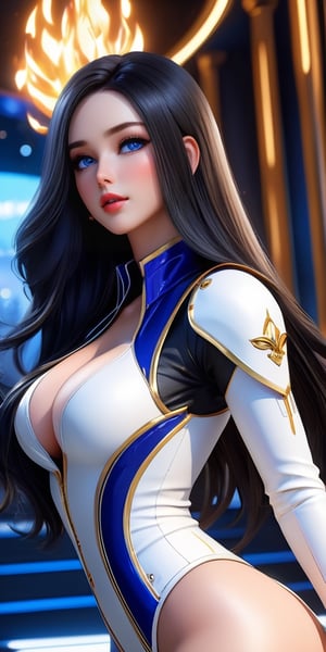 ((masterpiece)), ((best quality)), 8k, high detailed, ultra-detailed, unreal engine, Black and bright flowing long hair, deep blue and galaxy-like eyes, a straight and beautiful nose, charming and sexy lips, a flawless face like a goddess, well-proportioned and slender white legs, a solemn, elegant and sacred temperament, outstanding (White (((latex mini vest))), (trimmed with flame pattern gold trim), (((Big Breasts:1.4))),3d toon style