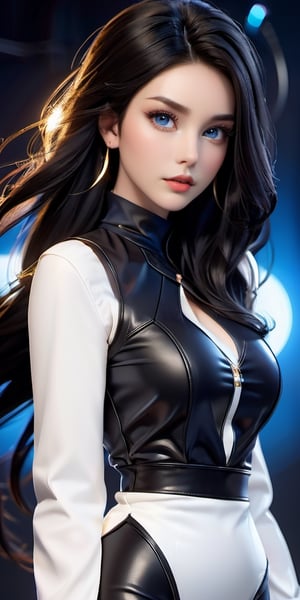 ((masterpiece)), ((best quality)), 8k, high detailed, ultra-detailed, unreal engine, Black and bright flowing long hair, deep blue and galaxy-like eyes, a straight and beautiful nose, charming and sexy lips, a flawless face like a goddess, well-proportioned and slender white legs, a solemn, elegant and sacred temperament, outstanding (White (((latex mini vest))), (trimmed with flame pattern gold trim), (((Big Breasts:1.4))),3d toon style