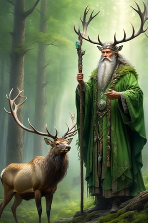 masterpiece, professional artwork, famous artwork, fantasy class, Druid old man, silver long beard, mistical wild animals around, huge elk hear in background, green forest