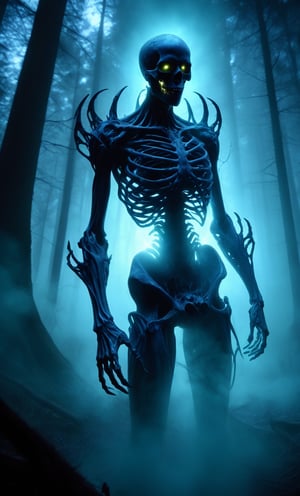 eerie, menacing expression, the figure is made of swirling shadows and ethereal blue light, skeletal appearance, the figure is holding a skull with elongated, claw-like fingers, otherworldly body, no clothing discernible, dense forest background, tall trees, eerie green-blue light, slight fog, spooky and dark atmosphere, mysterious, supernatural creature, dramatic and intense lighting, shadows enhancing the terrifying effect, artistry creating a sense of unease and horror.