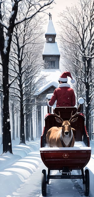 Winter scene,Illustration style,santa,elk,sled,Oyuki,The entire scene is covered in snow。