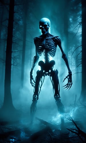 eerie, menacing expression, the figure is made of swirling shadows and ethereal blue light, skeletal appearance, the figure is holding a skull with elongated, claw-like fingers, otherworldly body, no clothing discernible, dense forest background, tall trees, eerie green-blue light, slight fog, spooky and dark atmosphere, mysterious, supernatural creature, dramatic and intense lighting, shadows enhancing the terrifying effect, artistry creating a sense of unease and horror.