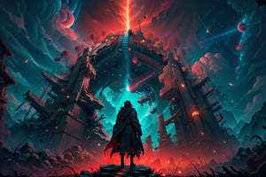 Walley, high walls, space objects in the night sky,  lonley warrior wearing cloak going at he bottom of walley, whaterfall falling from the walls in neon red collor, 8k, high resolution, sci-fi scene.