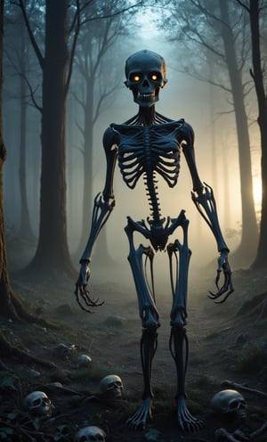 eerie, menacing expression, the figure is made of swirling shadows and ethereal blue light, skeletal appearance, the figure is holding a skull with elongated, claw-like fingers, otherworldly body, no clothing discernible, dense forest background, tall trees, eerie green-blue light, slight fog, spooky and dark atmosphere, mysterious, supernatural creature, dramatic and intense lighting, shadows enhancing the terrifying effect, artistry creating a sense of unease and horror.