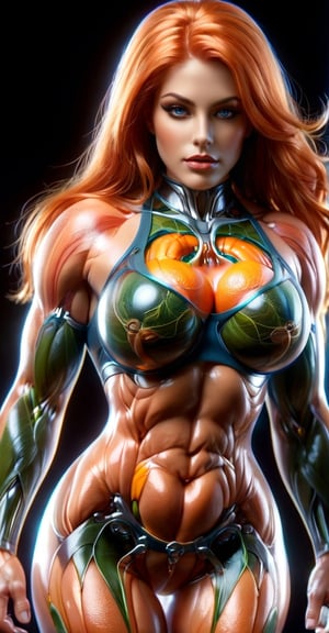 Dexter's mom thick nude body thighs gigantic breasts curvy, orange hair, transparent glass skin, transparent glass body, muscles seen thru transparent skin, perfectly visible muscle fibers, 