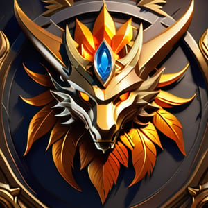 Game medallion with metal faucet closeup with crown,Close-up of dragon head,hearthstone art style, Hearthstone style art, hearthstone concept art, Riot game concept art, style of league of legends, iconic character splash art, League of Legends crown,Game badge,Surrounding metal feathers,Orange gold,C4D Rendering,Less detail,less detailing,Huge metal faucet in the middle,The head has gorgeous gemstones