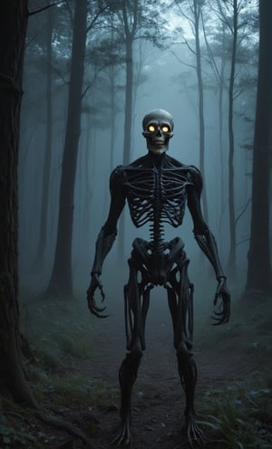 eerie, menacing expression, the figure is made of swirling shadows and ethereal blue light, skeletal appearance, the figure is holding a skull with elongated, claw-like fingers, otherworldly body, no clothing discernible, dense forest background, tall trees, eerie green-blue light, slight fog, spooky and dark atmosphere, mysterious, supernatural creature, dramatic and intense lighting, shadows enhancing the terrifying effect, artistry creating a sense of unease and horror.